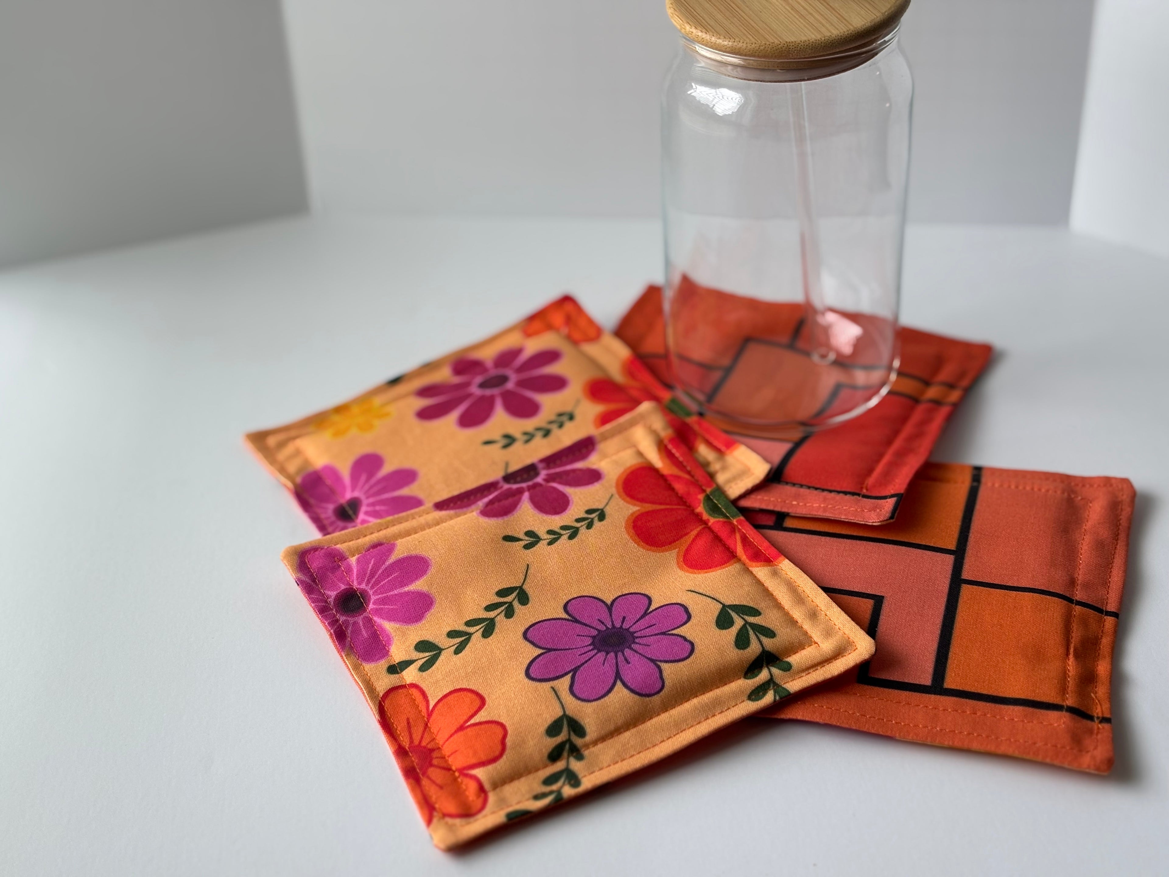 Pink Yellow and purple floral quilted coasters