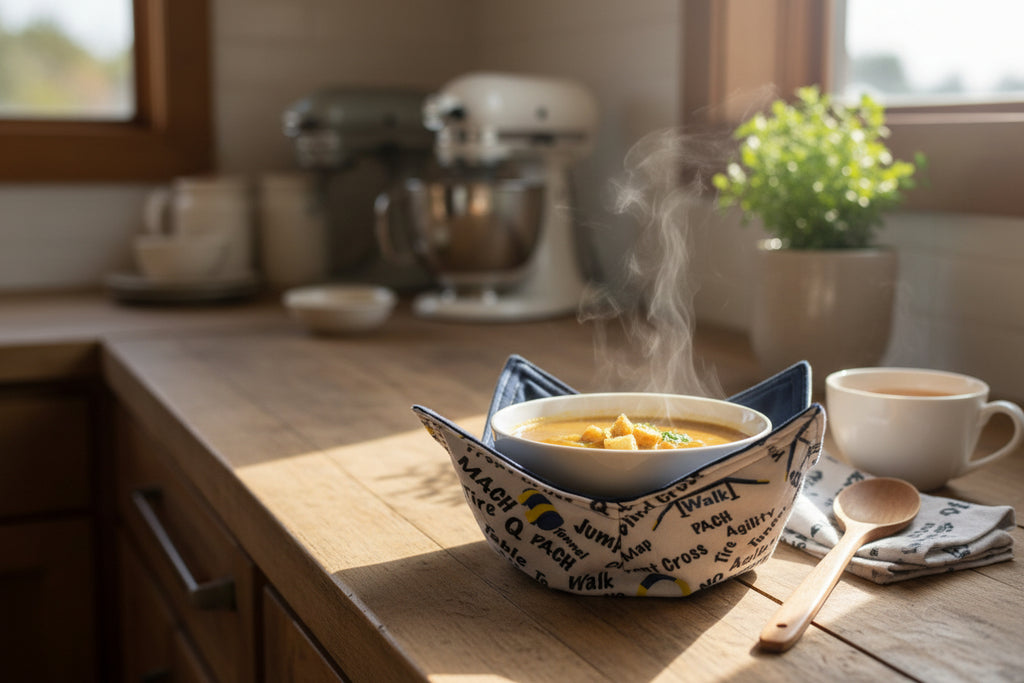 Cozy bowl for the microwave with agility themed fabric
