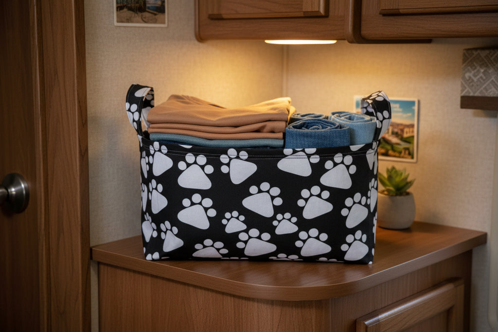 A fabric storage basket with a black background and a white paw print pattern, featuring two top handles, shown on a light-colored surface.