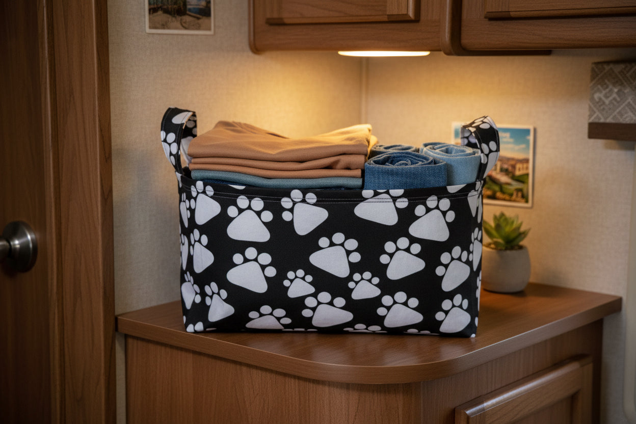 A fabric storage basket with a black background and a white paw print pattern, featuring two top handles, shown on a light-colored surface.