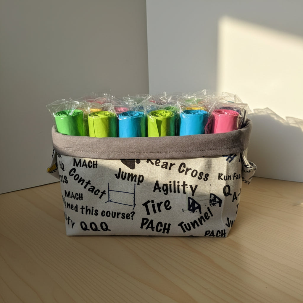 A fabric storage basket with a gray top rim and base, filled with packaged items. The basket body is off-white with black athletic-themed text and graphics, including 'MACH', 'Contact', 'Jump', 'Agility', 'Tire', and 'PACH'.