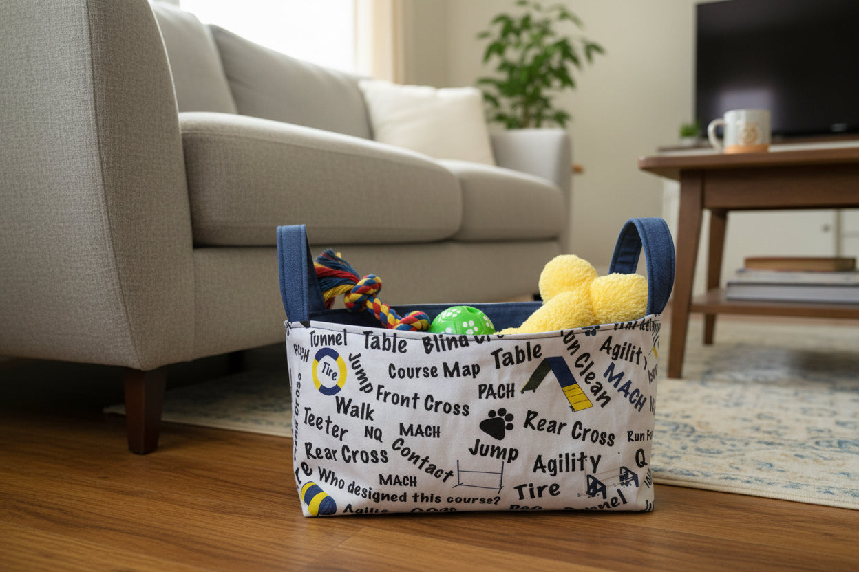 A fabric storage basket with a white and black cross-country running-themed print on the exterior and a dark blue fabric lining and handles, shown on a white surface against a white background.