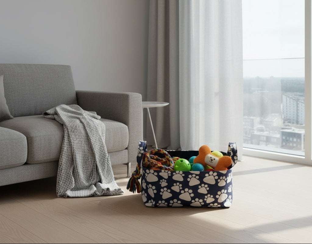 A fabric storage basket with a navy blue and white paw print pattern, featuring two side handles and a dark navy blue interior, set against a plain light background.
