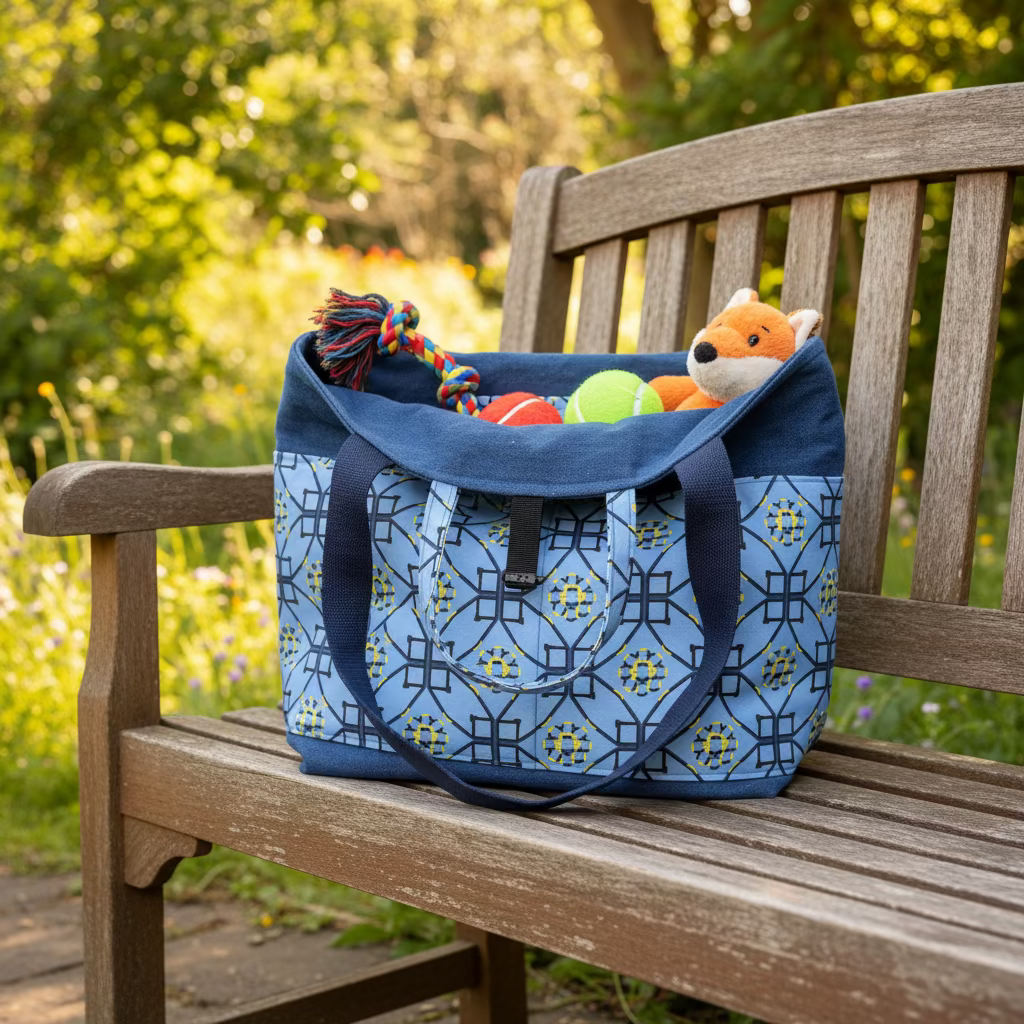 A fabric tote bag with a blue and navy geometric patterned body, solid navy blue trim, and matching navy webbing shoulder straps, shown on a light-colored floor.