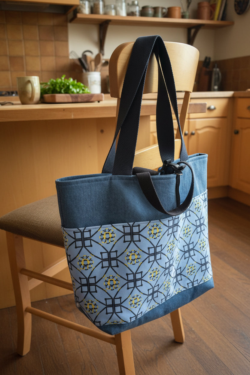 A large tote bag with dark blue denim-like handles and trim, and a light blue front panel featuring a repeating geometric dog agility pattern in navy, yellow, and white, shown hanging on a wooden chair in a room near a window.
